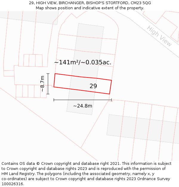 29, HIGH VIEW, BIRCHANGER, BISHOP'S STORTFORD, CM23 5QG: Plot and title map