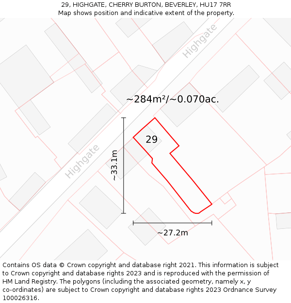 29, HIGHGATE, CHERRY BURTON, BEVERLEY, HU17 7RR: Plot and title map