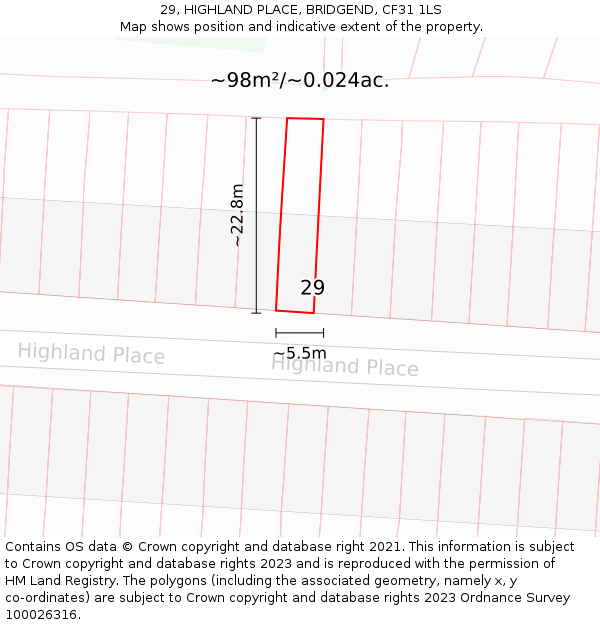 29, HIGHLAND PLACE, BRIDGEND, CF31 1LS: Plot and title map