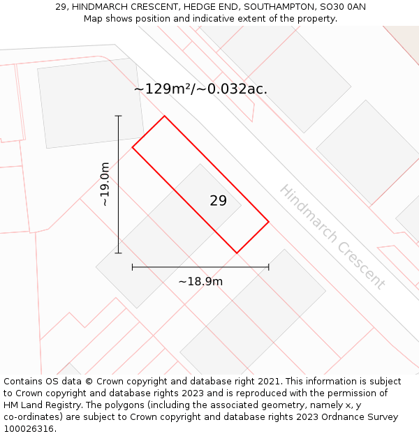29, HINDMARCH CRESCENT, HEDGE END, SOUTHAMPTON, SO30 0AN: Plot and title map