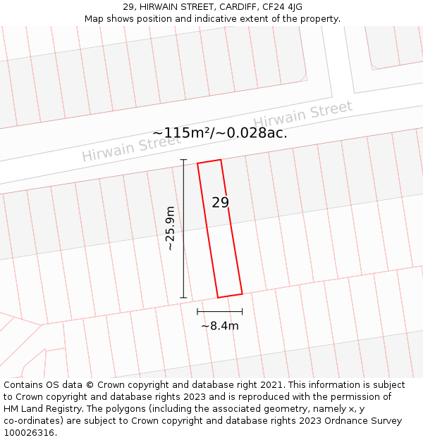 29, HIRWAIN STREET, CARDIFF, CF24 4JG: Plot and title map
