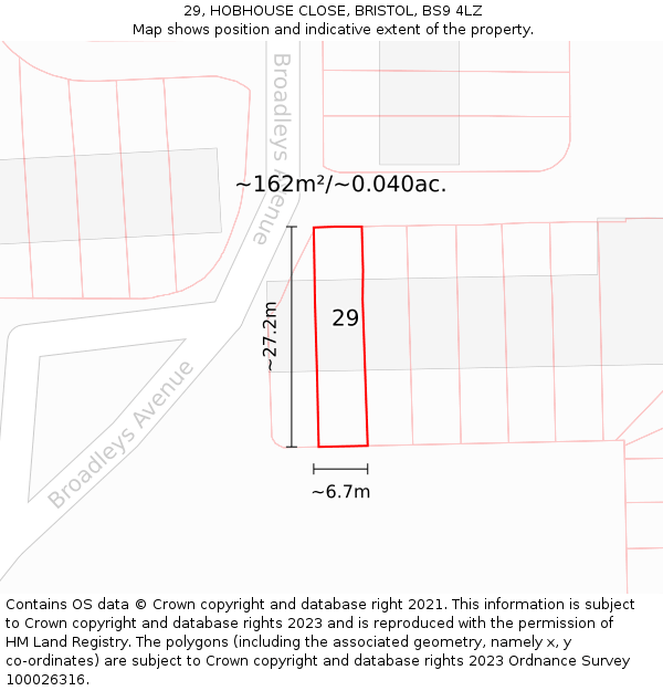 29, HOBHOUSE CLOSE, BRISTOL, BS9 4LZ: Plot and title map