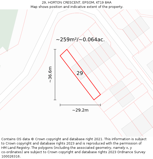 29, HORTON CRESCENT, EPSOM, KT19 8AA: Plot and title map
