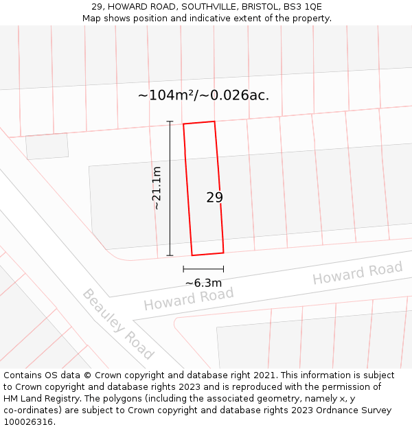 29, HOWARD ROAD, SOUTHVILLE, BRISTOL, BS3 1QE: Plot and title map