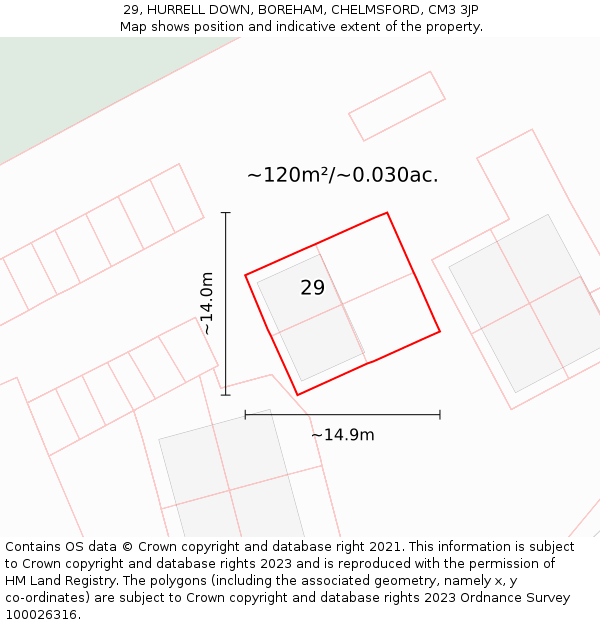 29, HURRELL DOWN, BOREHAM, CHELMSFORD, CM3 3JP: Plot and title map