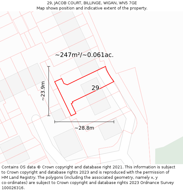 29, JACOB COURT, BILLINGE, WIGAN, WN5 7GE: Plot and title map