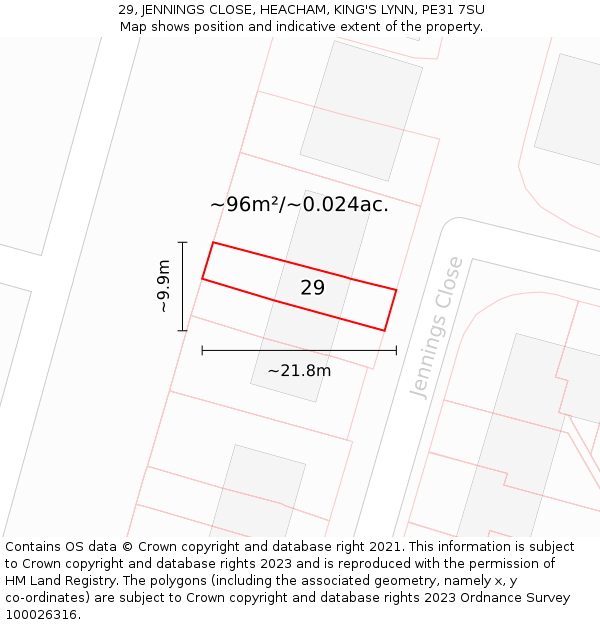 29, JENNINGS CLOSE, HEACHAM, KING'S LYNN, PE31 7SU: Plot and title map