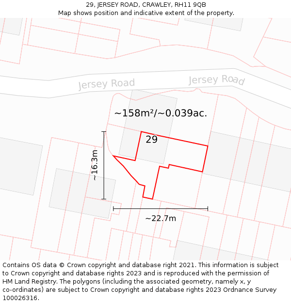 29, JERSEY ROAD, CRAWLEY, RH11 9QB: Plot and title map