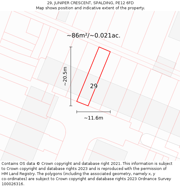 29, JUNIPER CRESCENT, SPALDING, PE12 6FD: Plot and title map