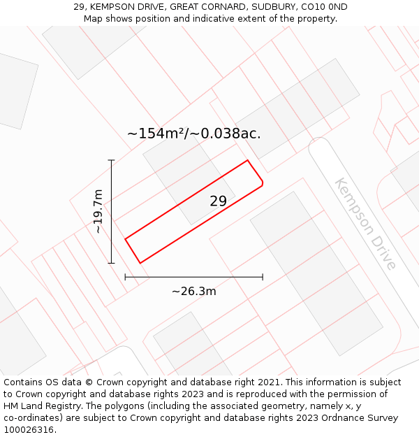 29, KEMPSON DRIVE, GREAT CORNARD, SUDBURY, CO10 0ND: Plot and title map
