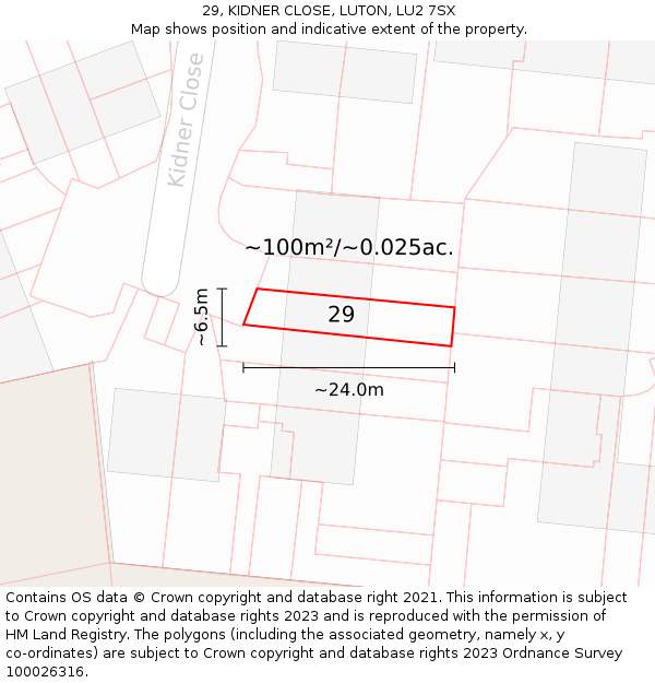 29, KIDNER CLOSE, LUTON, LU2 7SX: Plot and title map