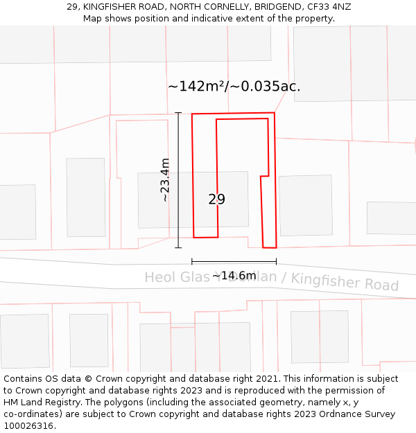 29, KINGFISHER ROAD, NORTH CORNELLY, BRIDGEND, CF33 4NZ: Plot and title map
