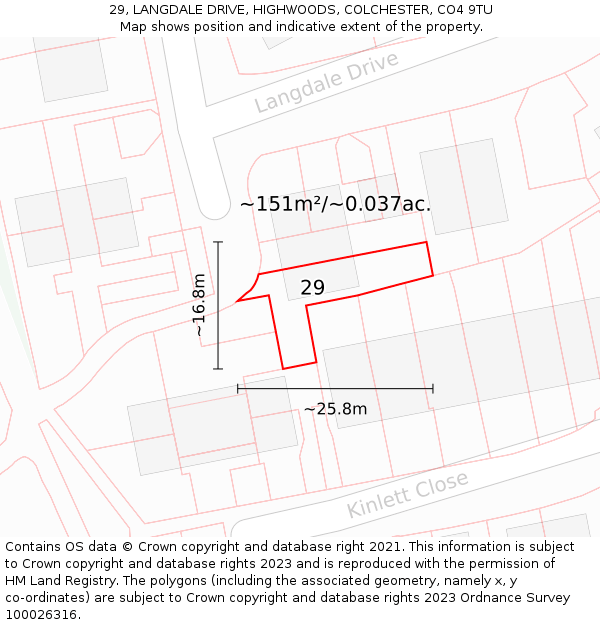 29, LANGDALE DRIVE, HIGHWOODS, COLCHESTER, CO4 9TU: Plot and title map