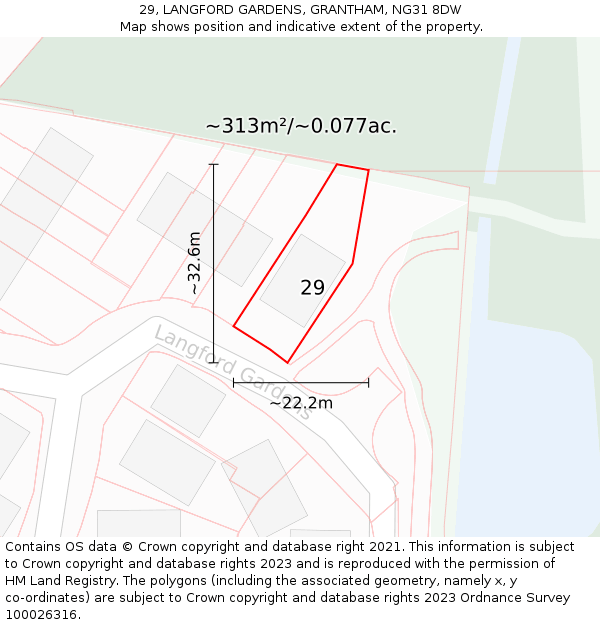 29, LANGFORD GARDENS, GRANTHAM, NG31 8DW: Plot and title map