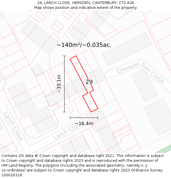 29, LARCH CLOSE, HERSDEN, CANTERBURY, CT3 4GE: Plot and title map