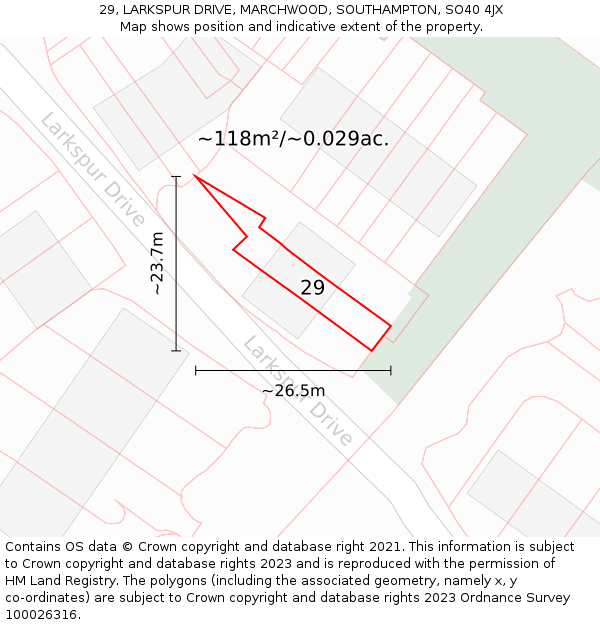 29, LARKSPUR DRIVE, MARCHWOOD, SOUTHAMPTON, SO40 4JX: Plot and title map
