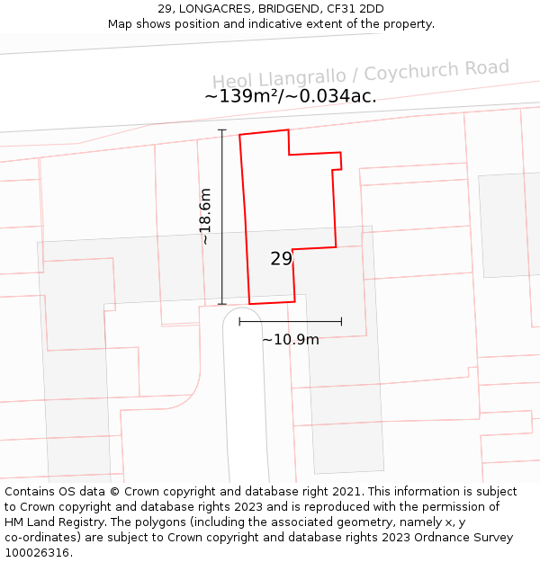 29, LONGACRES, BRIDGEND, CF31 2DD: Plot and title map