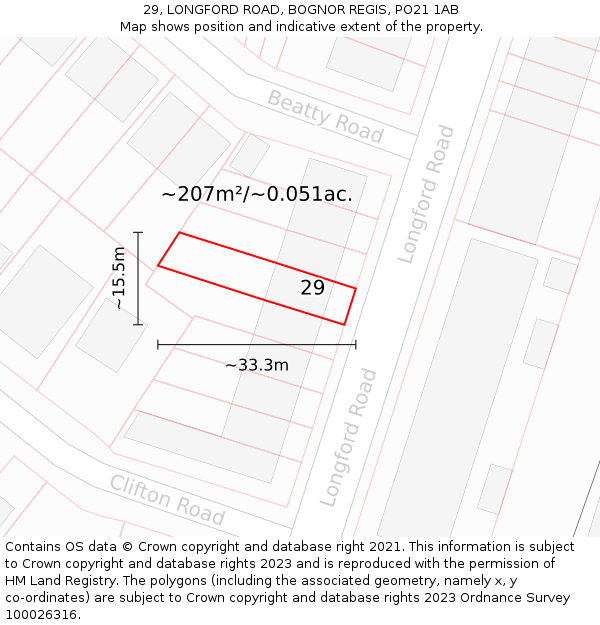 29, LONGFORD ROAD, BOGNOR REGIS, PO21 1AB: Plot and title map