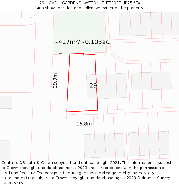 29, LOVELL GARDENS, WATTON, THETFORD, IP25 6TX: Plot and title map