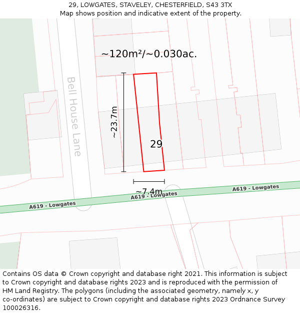 29, LOWGATES, STAVELEY, CHESTERFIELD, S43 3TX: Plot and title map