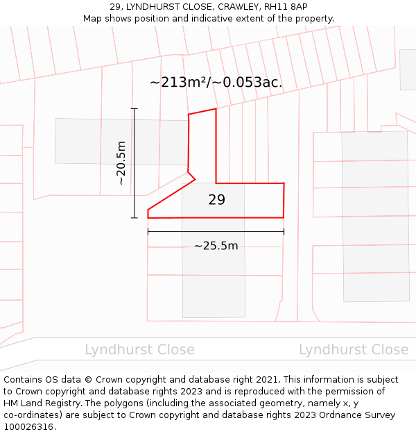 29, LYNDHURST CLOSE, CRAWLEY, RH11 8AP: Plot and title map