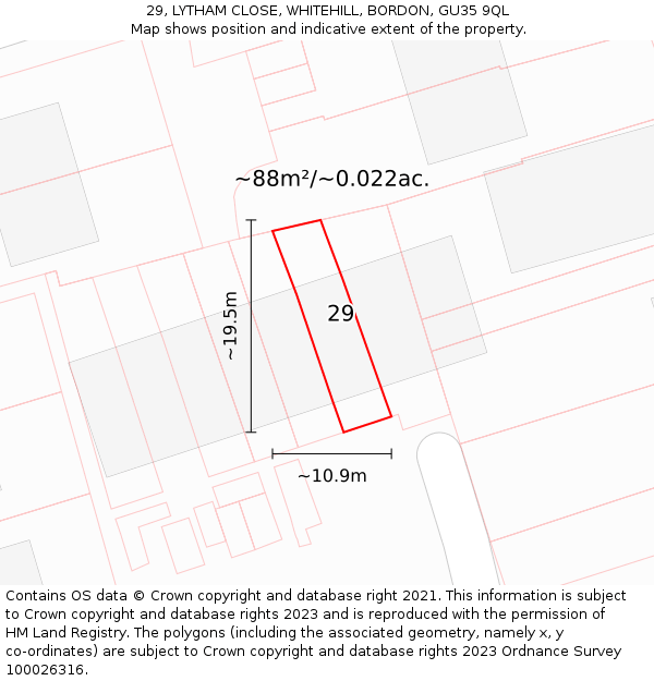 29, LYTHAM CLOSE, WHITEHILL, BORDON, GU35 9QL: Plot and title map