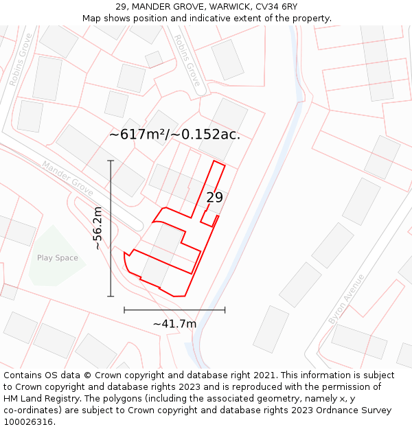 29, MANDER GROVE, WARWICK, CV34 6RY: Plot and title map