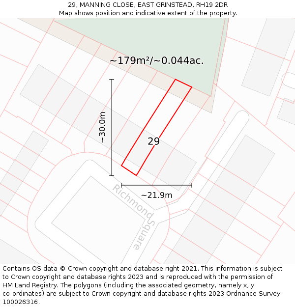 29, MANNING CLOSE, EAST GRINSTEAD, RH19 2DR: Plot and title map