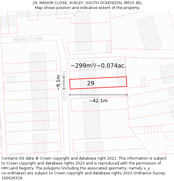 29, MANOR CLOSE, AVELEY, SOUTH OCKENDON, RM15 4EL: Plot and title map