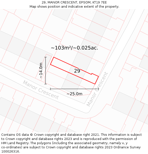 29, MANOR CRESCENT, EPSOM, KT19 7EE: Plot and title map