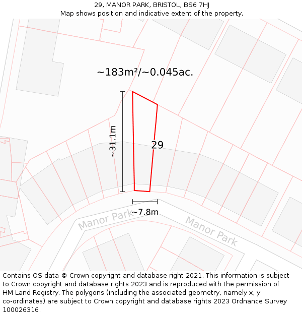 29, MANOR PARK, BRISTOL, BS6 7HJ: Plot and title map