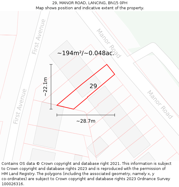 29, MANOR ROAD, LANCING, BN15 0PH: Plot and title map