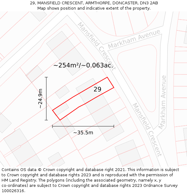 29, MANSFIELD CRESCENT, ARMTHORPE, DONCASTER, DN3 2AB: Plot and title map