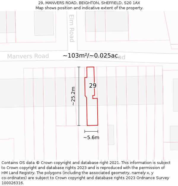 29, MANVERS ROAD, BEIGHTON, SHEFFIELD, S20 1AX: Plot and title map