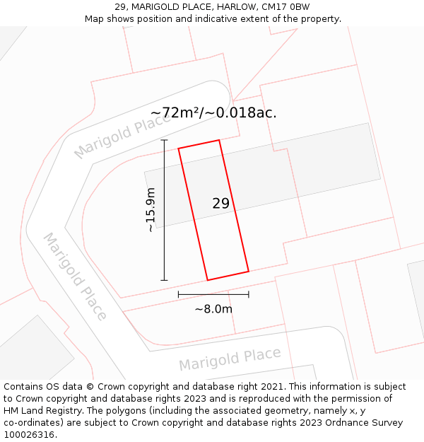 29, MARIGOLD PLACE, HARLOW, CM17 0BW: Plot and title map