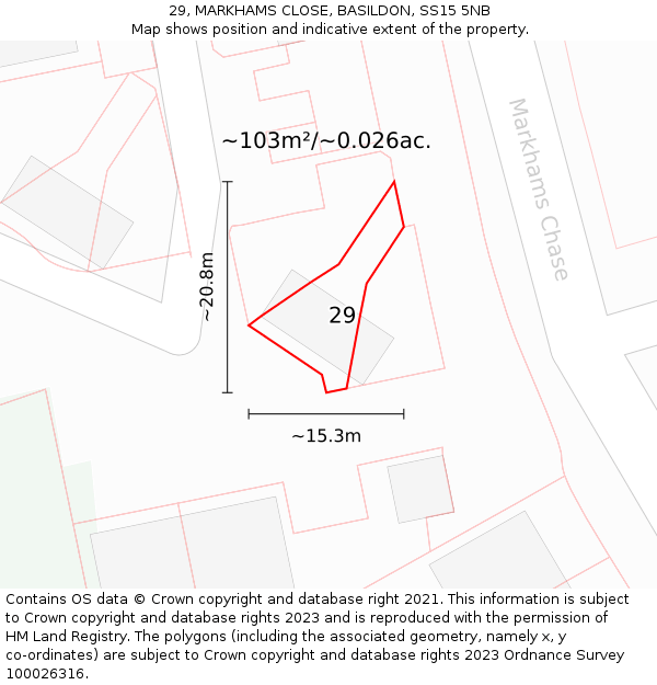 29, MARKHAMS CLOSE, BASILDON, SS15 5NB: Plot and title map