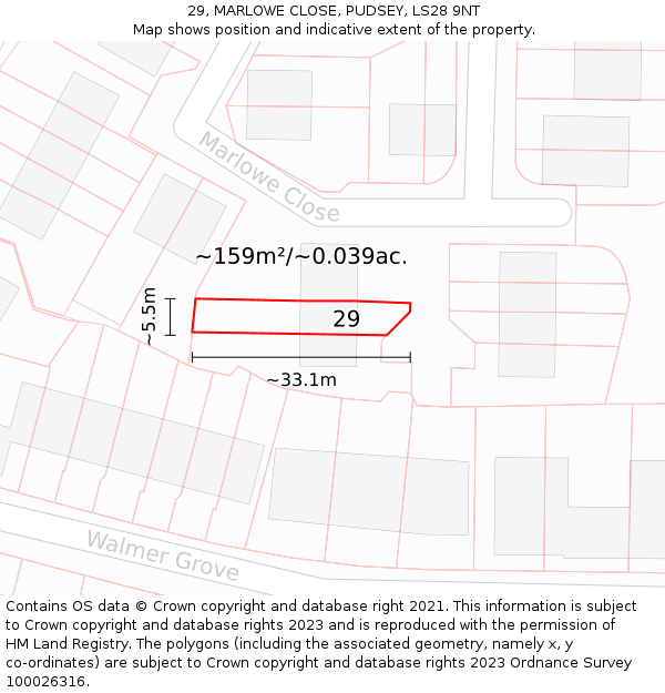 29, MARLOWE CLOSE, PUDSEY, LS28 9NT: Plot and title map