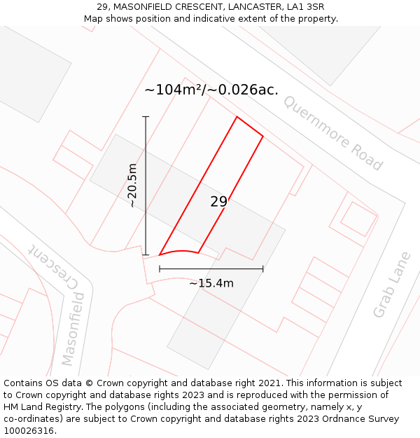 29, MASONFIELD CRESCENT, LANCASTER, LA1 3SR: Plot and title map