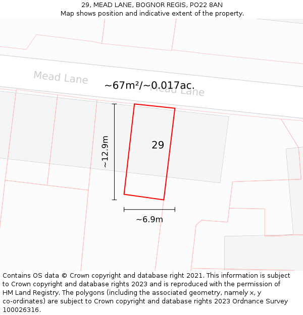 29, MEAD LANE, BOGNOR REGIS, PO22 8AN: Plot and title map