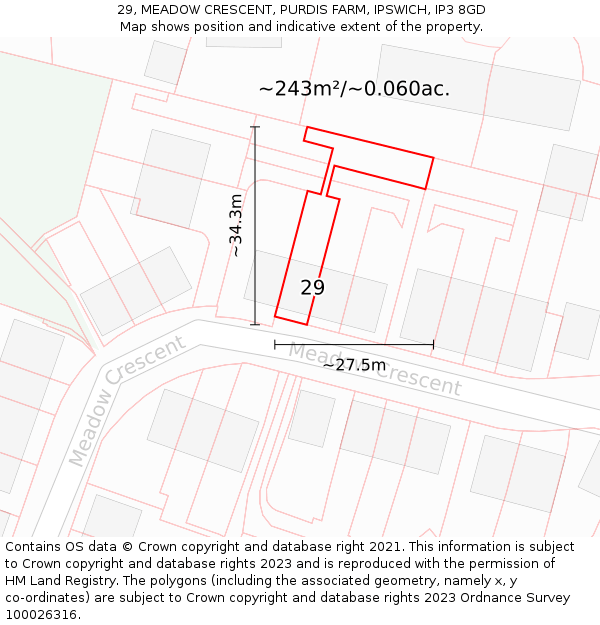 29, MEADOW CRESCENT, PURDIS FARM, IPSWICH, IP3 8GD: Plot and title map