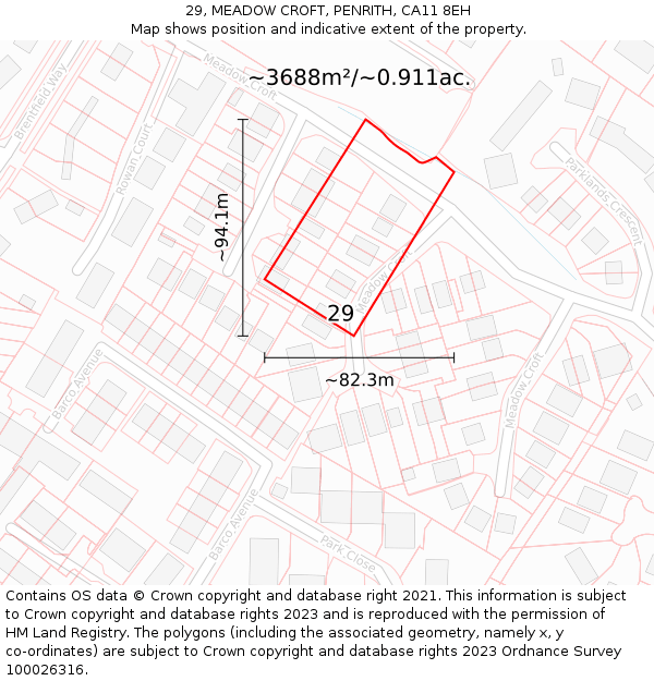 29, MEADOW CROFT, PENRITH, CA11 8EH: Plot and title map