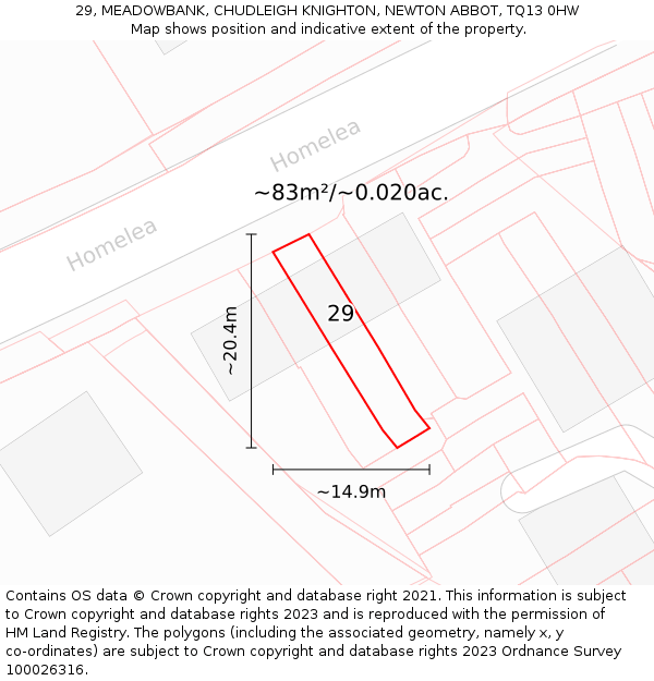 29, MEADOWBANK, CHUDLEIGH KNIGHTON, NEWTON ABBOT, TQ13 0HW: Plot and title map
