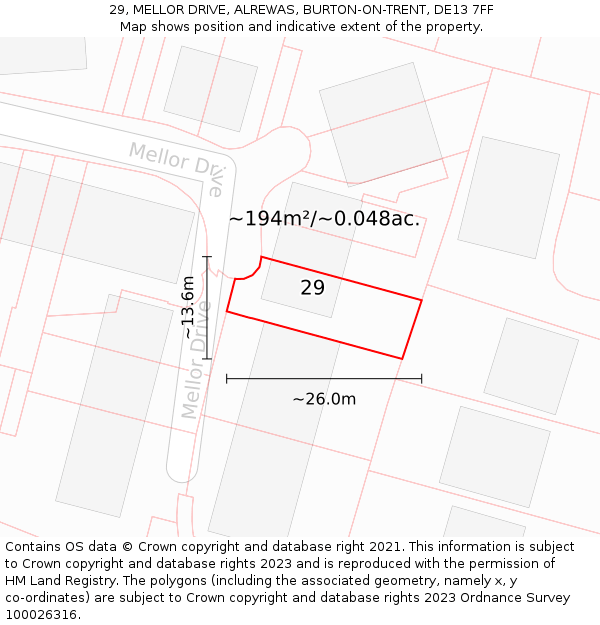29, MELLOR DRIVE, ALREWAS, BURTON-ON-TRENT, DE13 7FF: Plot and title map