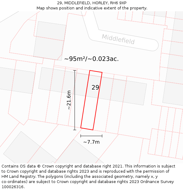 29, MIDDLEFIELD, HORLEY, RH6 9XP: Plot and title map