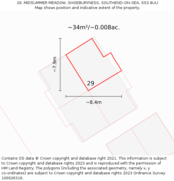 29, MIDSUMMER MEADOW, SHOEBURYNESS, SOUTHEND-ON-SEA, SS3 8UU: Plot and title map