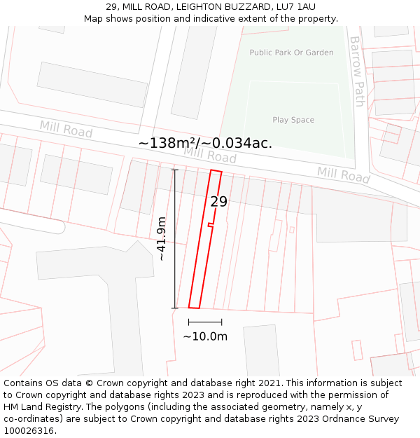 29, MILL ROAD, LEIGHTON BUZZARD, LU7 1AU: Plot and title map