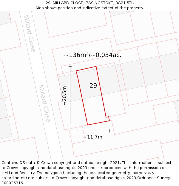 29, MILLARD CLOSE, BASINGSTOKE, RG21 5TU: Plot and title map