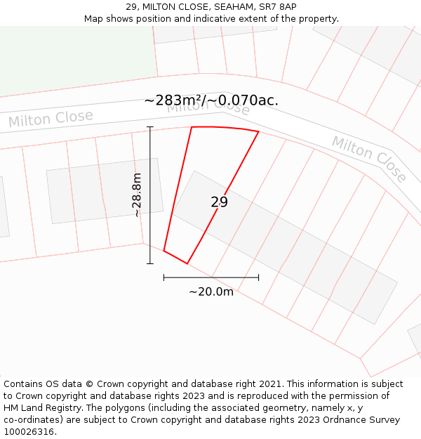 29, MILTON CLOSE, SEAHAM, SR7 8AP: Plot and title map