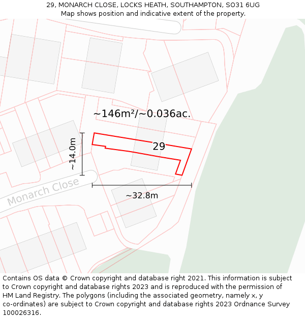 29, MONARCH CLOSE, LOCKS HEATH, SOUTHAMPTON, SO31 6UG: Plot and title map