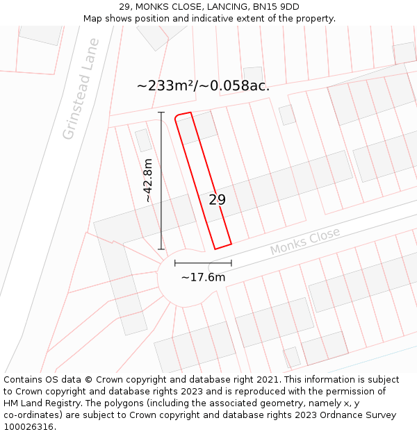 29, MONKS CLOSE, LANCING, BN15 9DD: Plot and title map